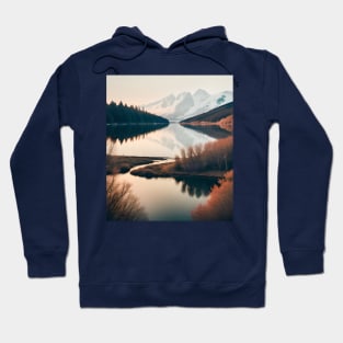 Nature Scandinavian Art Snowy Mountain Burgundy Autumn Lake Hoodie